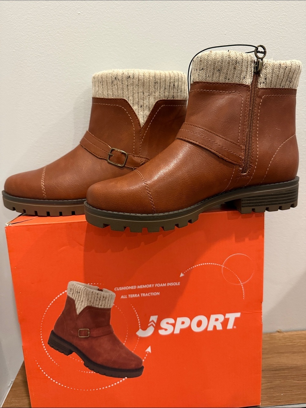 J Sport Women's Brown Ankle Boots with Knit Cuff Size 9